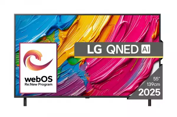 Телевизор LG 55QNED80A3A, 55" 4K QNED HDR Smart TV, 3840x2160, DVB-T2/C/S2, Alpha 7 AI Processor, HDR10 / HLG, webOS 25 ThinQ, VRR / ALLM / HGiG, 4K Upscaling, WiFi 5, Voice Controll, Bluetooth 5.1, AirPlay 2, LAN, CI, HDMI, SPDIF, Google Cast, 2 pole Stand