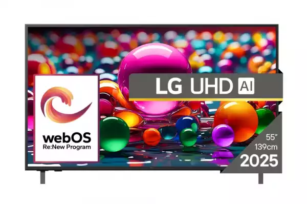Телевизор LG 55UA75003LA, 55" 4K UltraHD TV 4K (3840x2160), DVB-T2/C/S2, webOS 25 Smart, ThinQ AI, Alpha 7 AI Processor, WiFi, HDR10 pro, HLG, ALLM/HGiG, 4K Upscaling, AI Sound pro, Multiple View, HDMI eARC, LAN, USB, Bluetooth, Google Cast, 2 Pole Stand, Black