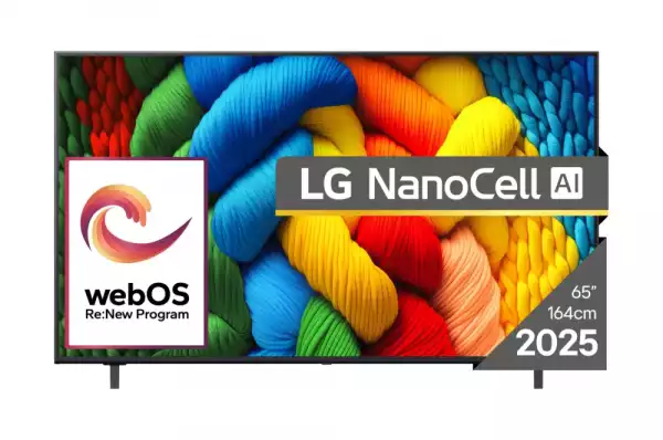 Телевизор LG 65NANO80A3B, 65" 4K HDR Smart Nano Cell TV, 3840x2160, DVB-T2/C/S2, AI Alpha 7, HDR 10 PRO, webOS 25, ThinQ AI, VRR, ALLM, HGiG, WiFi, Clear Voice, AI Upscaling, Bluetooth, Hdmi e-ARC , CI, LAN, AirPlay2, Chromecast, 2 Pole stand, Black Телевизор LG 65NANO80A3B, 65" 4K HDR Smart Nano Cell TV, 3840x2160, DVB-T2/C/S2, AI Alpha 7, HDR 10 PRO, webOS 25, ThinQ AI, VRR, ALLM, HGiG, WiFi, Clear Voice, AI Upscaling, Bluetooth, Hdmi e-ARC , CI, LAN, AirPlay2, Chromecast, 2 Pole stand, Black