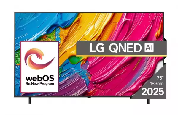 Телевизор LG 75QNED80A3A, 75" 4K QNED HDR Smart TV, 3840x2160, DVB-T2/C/S2, Alpha 7 AI Processor, HDR10 / HLG, webOS 25 ThinQ, VRR / ALLM / HGiG, 4K Upscaling, WiFi 5, Voice Controll, Bluetooth 5.1, AirPlay 2, LAN, CI, HDMI, SPDIF, Google Cast, 2 pole Stand