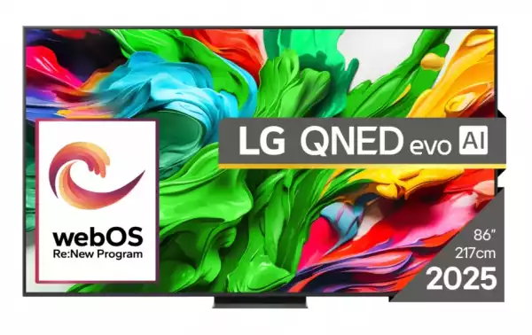 Телевизор LG 86QNED86A3A, 86" 4K QNED HDR Smart TV, 3840x2160, 120Hz Native (VRR 144Hz), DVB-T2/C/S2, Alpha 8 AI Processor, HDR 10 PRO, webOS 25 ThinQ, 4K Upscaling, WiFi 5, Dolby Vision, Bluetooth 5.1, AirPlay 2, LAN, CI, HDMI, SPDIF, Stand