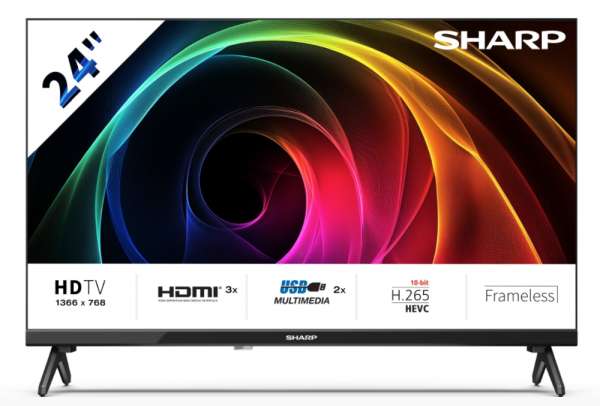 Телевизор Sharp 24HA1205E, 24" LED HD 1366x768 Frameless, 100 000:1, DVB-T/T2/C/S/S2, Active Motion 100, Speaker 2x3W, Dolby Digital, CI+, 3xHDMI (ARC/CEC), 2xUSB, LAN, Video/Audio input (3 x RCA), Hotel Mode, E, 2 pole Stand