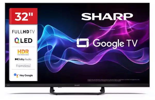 Телевизор Sharp 32HF3865E, 32" QLED Google TV, FHD 1920x1080 Frameless, 1 000 000:1, DVB-T/T2/C/S/S2, HDR10, Speaker 2x8W, Dolby Digital, Google Cast, 3xHDMI (ARC/CEC), CI+, 3.5mm Headphone jack / line-out, lan, 2xUSB, Wi-Fi, Bluetooth, Mini Composite, E, Stand Телевизор Sharp 32HF3865E, 32" QLED Google TV, FHD 1920x1080 Frameless, 1 000 000:1, DVB-T/T2/C/S/S2, HDR10, Speaker 2x8W, Dolby Digital, Google Cast, 3xHDMI (ARC/CEC), CI+, 3.5mm Headphone jack / line-out, lan, 2xUSB, Wi-Fi, Bluetooth, Mini Composite, E, Stand