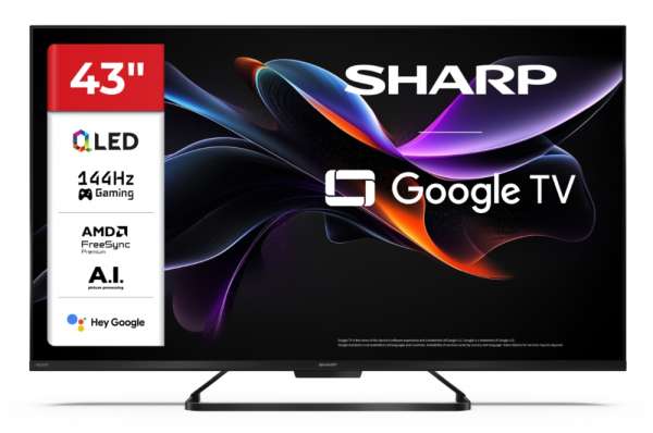 Телевизор Sharp 43HR7265E, 43" QLED Google TV, 144 Hz, 4K Ultra HD 3840x2160 Frameless, AQUOS, DVB-T/T2/C/S/S2, Active Motion 1400, HDR10, Dolby Atmos, Dolby Vision, DTS:X, Google Assistant, Google Cast, HDMI 2.1 with eARC, VRR, 3.5mm Headphone jack / line-out