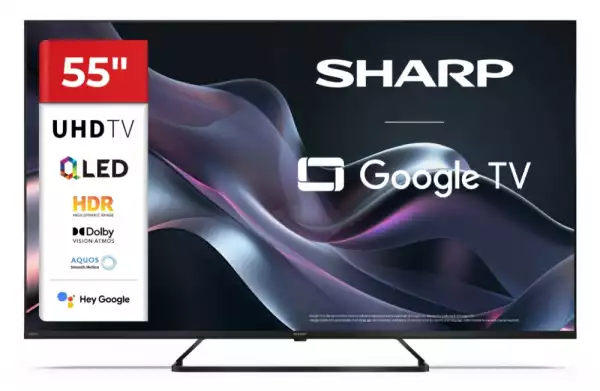 Телевизор Sharp 55HP6265E, 55" QLED Google TV, 4K Ultra HD 3840x2160 Frameless, 1 000 000:1, AQUOS, DVB-T/T2/C/S/S2, Active Motion 1000, HDR10, Dolby Atmos, Dolby Vision, Google Assistant, Google Cast, HDMI 2.1 with eARC, 3.5mm Headphone jack / line-out, USB, Wi-