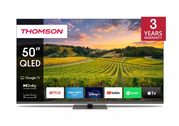 Телевизор Thomson 50" QLED Google TV; 3840 x 2160 (4K UHD), 4000:1, QLED, 60 Hz, DVB-T/T2/C/S/S2, HDR10, Wi-Fi, Bluetooth, LAN, HDMI 2 (2.0) + 2 (2.1), USB 2 (2.0) + 1 (3.0), Hotel mode, Central Swivel Stand, Dark gray