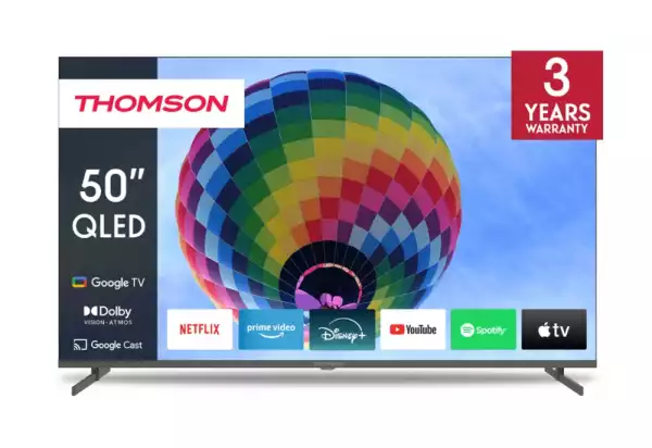Телевизор Thomson 50" QLED Google TV; 3840 x 2160 (4K UHD), QLED, 60 Hz, DVB-T/T2/C/S/S2, HDR10, Wi-Fi, Bluetooth, LAN, HDMI 2 (2.0) + 2 (2.1), USB 2 (2.0) + 1 (3.0), Side Feet, Dark gray Телевизор Thomson 50" QLED Google TV; 3840 x 2160 (4K UHD), QLED, 60 Hz, DVB-T/T2/C/S/S2, HDR10, Wi-Fi, Bluetooth, LAN, HDMI 2 (2.0) + 2 (2.1), USB 2 (2.0) + 1 (3.0), Side Feet, Dark gray