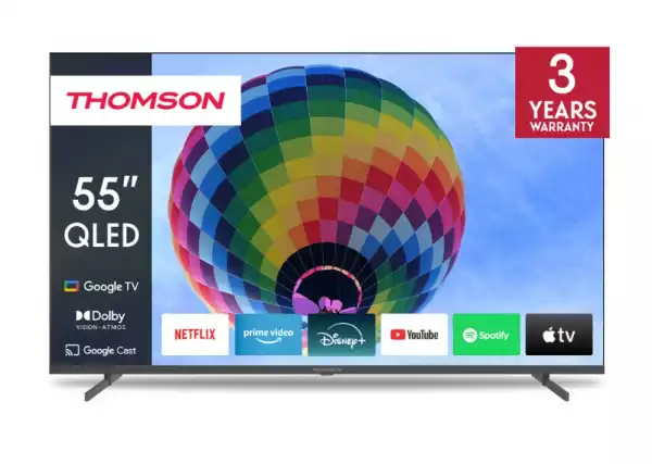 Телевизор Thomson 55" QLED Google TV; 3840 x 2160 (4K UHD), QLED, 60 Hz, DVB-T/T2/C/S/S2, HDR10, Wi-Fi, Bluetooth, LAN, HDMI 2 (2.0) + 2 (2.1), USB 2 (2.0) + 1 (3.0), Side Feet, Dark gray Телевизор Thomson 55" QLED Google TV; 3840 x 2160 (4K UHD), QLED, 60 Hz, DVB-T/T2/C/S/S2, HDR10, Wi-Fi, Bluetooth, LAN, HDMI 2 (2.0) + 2 (2.1), USB 2 (2.0) + 1 (3.0), Side Feet, Dark gray