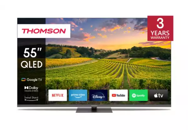 Телевизор Thomson 55" QLED Google TV; 3840 x 2160 (4K UHD), 4000:1, QLED, 60 Hz, DVB-T/T2/C/S/S2, HDR10, Wi-Fi, Bluetooth, LAN, HDMI 2 (2.0) + 2 (2.1), USB 2 (2.0) + 1 (3.0),Central Swivel Stand, Dark gray