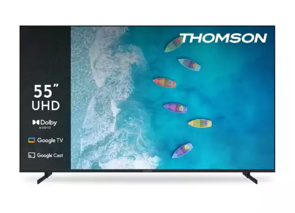 Телевизор Thomson 55" UHD Google TV; 3840 x 2160 (4K UHD), DLED, 60 Hz, Dolby Audio, Google Cast, DVB-T/T2/C/S/S2, HDR10, Wi-Fi, Bluetooth, LAN, HDMI 3 (2.1), USB 2 (2.0), AV IN, Hotel mode, Side Feet, Black Телевизор Thomson 55" UHD Google TV; 3840 x 2160 (4K UHD), DLED, 60 Hz, Dolby Audio, Google Cast, DVB-T/T2/C/S/S2, HDR10, Wi-Fi, Bluetooth, LAN, HDMI 3 (2.1), USB 2 (2.0), AV IN, Hotel mode, Side Feet, Black