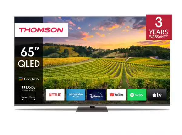 Телевизор Thomson 65" QLED Google TV; 3840 x 2160 (4K UHD), 4000:1, QLED, 60 Hz, DVB-T/T2/C/S/S2, HDR10, Wi-Fi, Bluetooth, LAN, HDMI 2 (2.0) + 2 (2.1), USB 2 (2.0) + 1 (3.0),Central Swivel Stand, Dark gray