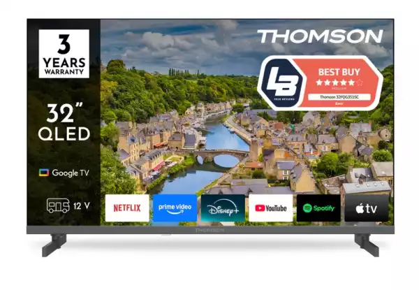 Телевизор Thomson FHD TV 32"; Google TV; 1920 x 1080 (FHD), QLED, 60 Hz, HDR10, Dolby Audio, DVB-T/T2/C/S/S2, Wi-Fi, Bluetooth, LAN, HDMI 3 (1.4), USB 2 (2.0), S/PDIF 1x optical, AV IN,  12 Volt adapter included (12V/4A), Hotel mode, Adjustable Side Feet, Grey