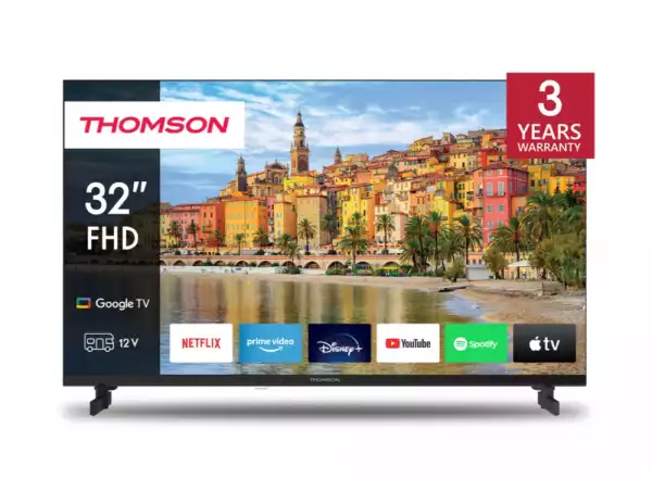 Телевизор Thomson Smart FHD TV 32"; Google TV; 1920 x 1080 (FHD), DLED, 60 Hz, DVB-T/T2/C/S/S2, Wi-Fi, Bluetooth, LAN, HDMI 3 (1.4), USB 2 (2.0), Side Feet, Black