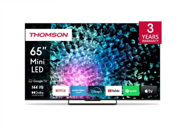 Телевизор Thomson Smart MiniLED TV 65"; Google TV; 3840 x 2160 (4K UHD), 1500000:1, LED, 144 Hz, DVB-T/T2/C/S/S2, HDR10, Wi-Fi, Bluetooth, LAN, HDMI 4 (2.1), USB 2 (2.0) + 1 (3.0), Central Stand, Black
