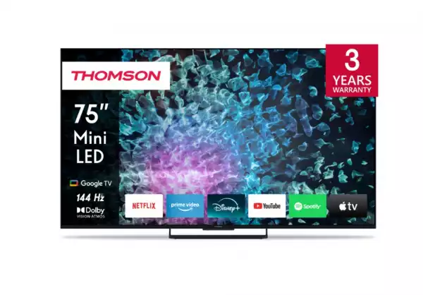 Телевизор Thomson Smart MiniLED TV 75"; Google TV; 3840 x 2160 (4K UHD), 1500000:1, LED, 144 Hz, DVB-T/T2/C/S/S2, HDR10, Wi-Fi, Bluetooth, LAN, HDMI 4 (2.1), USB 2 (2.0) + 1 (3.0), Central Stand, Black