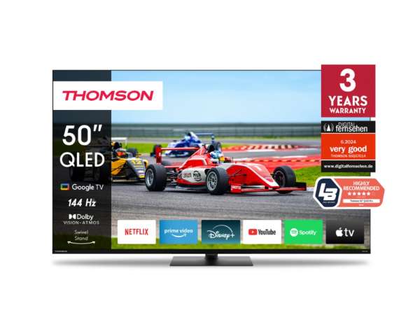 Телевизор Thomson Smart QLED Pro TV 50"; Google TV; 3840 x 2160 (4K UHD), DLED, 144 Hz, DVB-T/T2/C/S/S2, HDR10, Wi-Fi, Bluetooth, LAN, HDMI 4 (2.1), USB 2 (2.0) + 1 (3.0), Central Swivel Stand, Black