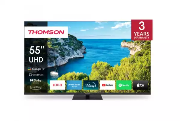 Телевизор Thomson Smart UHD TV 55"; Google TV; 3840 x 2160 (4K UHD), 4000:1, DLED, 60 Hz, DVB-T/T2/C/S/S2, HDR10, Wi-Fi, Bluetooth, LAN, HDMI 2 (2.0) + 2 (2.1), USB 2 (2.0) + 1 (3.0),Central Swivel Stand, Black Телевизор Thomson Smart UHD TV 55"; Google TV; 3840 x 2160 (4K UHD), 4000:1, DLED, 60 Hz, DVB-T/T2/C/S/S2, HDR10, Wi-Fi, Bluetooth, LAN, HDMI 2 (2.0) + 2 (2.1), USB 2 (2.0) + 1 (3.0),Central Swivel Stand, Black