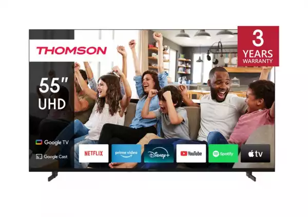 Телевизор Thomson Smart UHD TV 55"; Google TV; 3840 x 2160 (4K UHD), 5000:1, DLED, 60 Hz, DVB-T/T2/C/S/S2, HDR10, Wi-Fi, Bluetooth, LAN, HDMI 2 (2.0) + 2 (2.1), USB 2 (2.0) + 1 (3.0), Side Feet, Black Телевизор Thomson Smart UHD TV 55"; Google TV; 3840 x 2160 (4K UHD), 5000:1, DLED, 60 Hz, DVB-T/T2/C/S/S2, HDR10, Wi-Fi, Bluetooth, LAN, HDMI 2 (2.0) + 2 (2.1), USB 2 (2.0) + 1 (3.0), Side Feet, Black