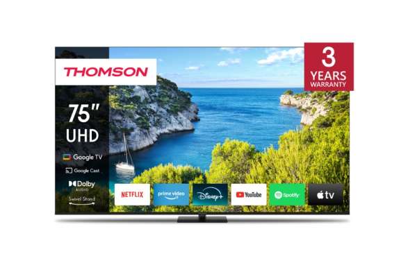 Телевизор Thomson Smart UHD TV 75"; Google TV; 3840 x 2160 (4K UHD), 4000:1, DLED, 60 Hz, DVB-T/T2/C/S/S2, HDR10, Wi-Fi, Bluetooth, LAN, HDMI 2 (2.0) + 2 (2.1), USB 2 (2.0) + 1 (3.0),Central Swivel Stand, Black