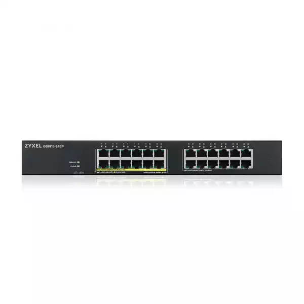 ZyXEL GS1915-24EP, 24-port GbE, 12 port PoE, 130 Watt 802.3at, rackmount, fanless, Smart hybrid mode Switch, standalone or NebulaFlex Cloud ZyXEL GS1915-24EP, 24-port GbE, 12 port PoE, 130 Watt 802.3at, rackmount, fanless, Smart hybrid mode Switch, standalone or NebulaFlex Cloud