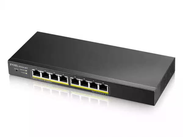 ZyXEL GS1915-8EP, 8-port GbE PoE Smart hybrid mode Switch, standalone or NebulaFlex Cloud, 60 Watt 802.3at, desktop, fanless