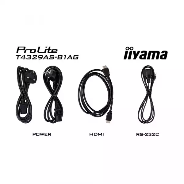 Дисплей IIYAMA T4329AS-B1AG, 42.5", VA panel, AG, 16:9, UHD 3840 x 2160, 6.5ms, 500cd/m2, 4000:1, DeepContrast-PCAP, 2x HDMI, USB-C, LAN, RS232c, IR, 2x USB, Speakers, Portrait, Android 14, iiSignage2, Quad Core A73, 4GB, 32GB, 24/7, 8H glass, VESA, Black