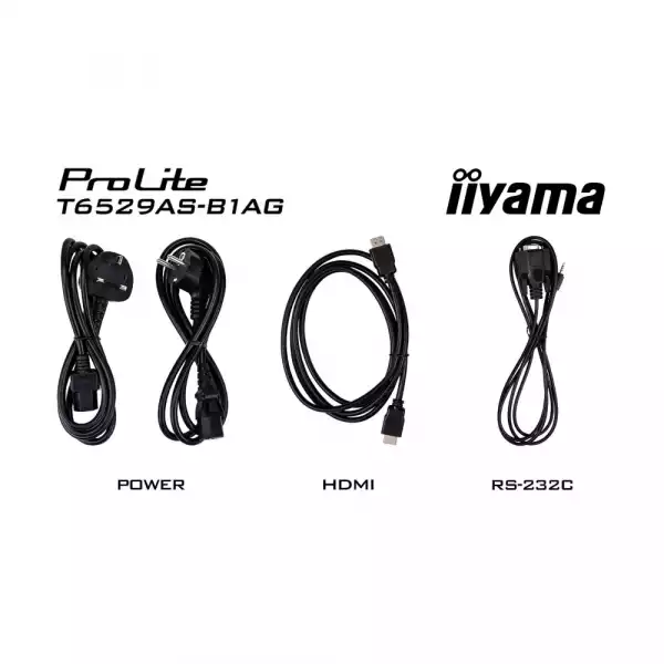 Дисплей IIYAMA T6529AS-B1AG, 64.5", VA panel, AG, 16:9, UHD 3840 x 2160, 6.5ms, 500cd/m2, 4000:1, DeepContrast-PCAP, 2x HDMI, USB-C, LAN, RS232c, IR, 2x USB, Speakers, Portrait, Android 14, iiSignage2, Quad Core A73, 4GB, 32GB, 24/7, 8H glass, VESA, Black