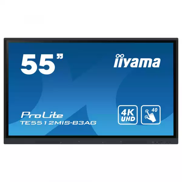 Дисплей IIYAMA TE5512MIS-B3AG, 55" IPS panel, Thin bezel, AG, 16:9, 4K 3840 x 2160, 400cd/m2, 1200:1, 8ms, PureTouch-IR, VGA, 3x HDMI, USB-C, 4x USB, RS232c, LAN, IR, SPDIF, HDMI Out, Speakers, 24/7, WiFi, BT, QC A55 CPU, 8GB, 64GB, OPS slot, Android 11, iiWare 10, VESA, Black