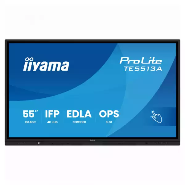 Дисплей IIYAMA TE5513A-B2AG, 54.6 inch IPS panel, Google EDLA, AG, 3840x2160, 500cd/m2, 1200:1, 8ms, PureTouch-IR, Android 14, iiWare 21E, Quick Radial Menu, 2x HDMI, DP, 2x USB-C, LAN, 4x USB, RS232C, HDMI Out, Speakers, WiFi, BT, Octa Core, 24/7, Black