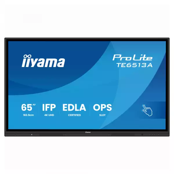 Дисплей IIYAMA TE6513A-B2AG, 64.5 inch IPS panel, Google EDLA, AG, 3840x2160, 500cd/m2, 1200:1, 8ms, PureTouch-IR, Android 14, iiWare 21E, Quick Radial Menu, 2x HDMI, DP, 2x USB-C, LAN, 4x USB, RS232C, HDMI out, Speakers, WiFi, BT, Octa Core, 24/7, Black