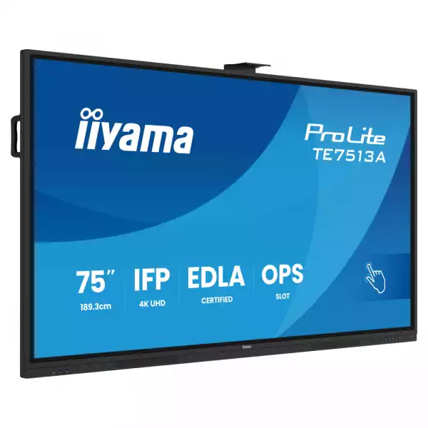 Дисплей IIYAMA TE7513A-B1AG, 75" IPS panel, Google EDLA, AG, UHD 3840x2160, 450cd/m2, 1200:1, 8ms, PureTouch-IR+, Android 14, iiWare 21E, iiControl, Quick Radial Menu, 2x HDMI, DP, 2x USB-C, 2x LAN, 3x USB, RS232C, HDMI out, Speakers, WiFi-6, BT, Quad Core A73, 8GB, 128GB, OPS slot, Black