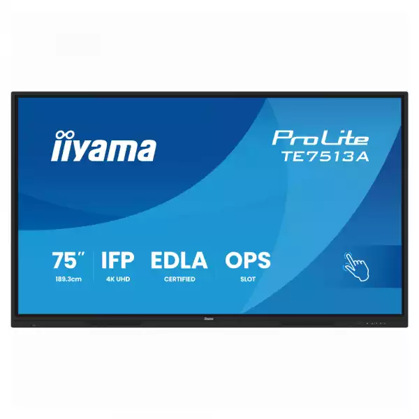 Дисплей IIYAMA TE7513A-B2AG, 75 inch IPS panel, Google EDLA, AG, 3840x2160, 500cd/m2, 1200:1, 8ms, PureTouch-IR, Android 14, iiWare 21E, Quick Radial Menu, 2x HDMI, DP, 2x USB-C, 2x LAN,4x USB, RS232C, HDMI out, Speakers, WiFi, BT, Octa Core, 24/7, Black