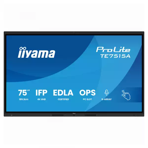 Дисплей IIYAMA TE7515A-B2AG, 75 inch VA panel, Google EDLA, AG, 3840x2160, 550cd/m2, 5000:1, 6.5ms, DeepContrast-IR++, 2x HDMI, DP, USB-C, RS232c, LAN, 4x USB, USB-C out, HDMI out, Mic, Speakers, OPS slot, Android 14, WiFi, BT, Octa Core, Black