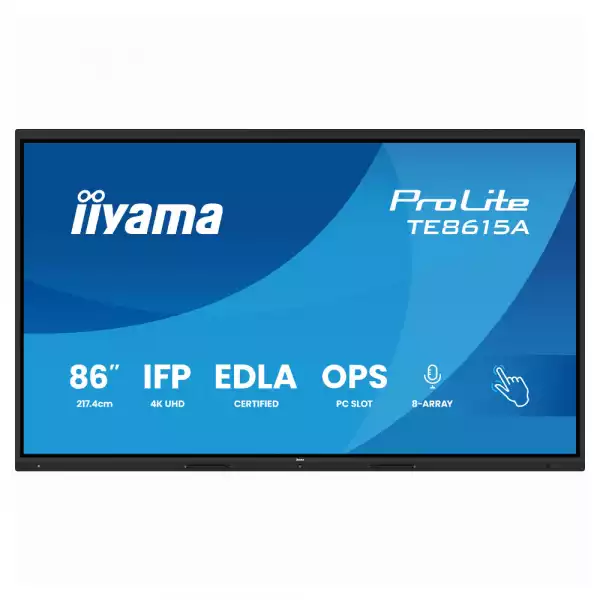 Дисплей IIYAMA TE8615A-B2AG, 85.6 inch IPS panel, Google EDLA, AG, 3840x2160, 550cd/m2, 1200:1, 8ms, DeepContrast-IR++, 2x HDMI, DP, USB-C, RS232c, LAN, 4x USB, USB-C out, HDMI out, Mic, Speakers, OPS slot, Android 14, WiFi, BT, Octa Core, Black