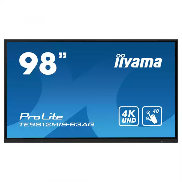 Дисплей IIYAMA TE9812MIS-B3AG, 97.5" PureTouch-IR, IPS panel, AG, 16:9, 4K UHD 3840x2160, 400cd/m2, 1200:1, 4000:1, 8ms, Android 11, iiWare 10, WiFi, BT, Quad core A55, 8GB, 64GB, VGA, 3x HDMI, USB-C, 4x USB, LAN, RS232, IR, SPDIF, Speakers, 24/7, VESA, Black