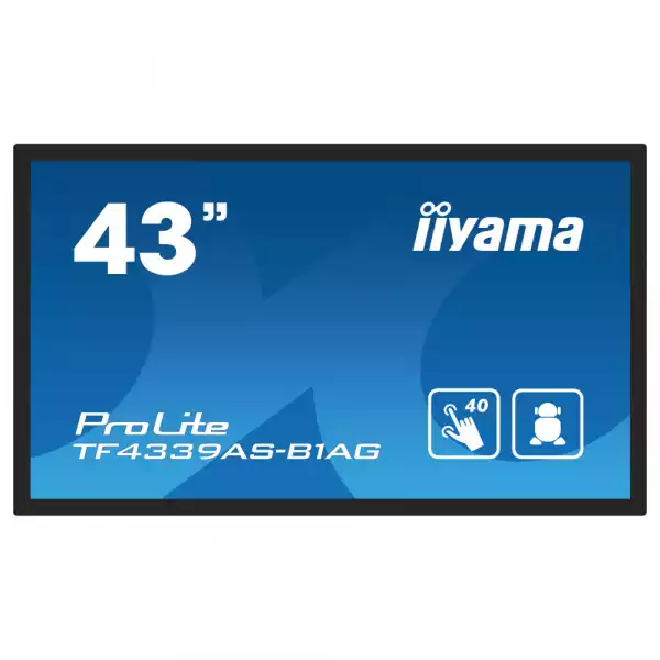 Дисплей IIYAMA TF4339AS-B1AG 42.5" Open-Frame, IPS, Anti-Glare, 3840x2160, Bonded PCAP, 500 cd/m2, 1200:1, 8ms, 2xHDMI, DisplayPort, RS232C, RJ45 (LAN), Speakers, 3x USB 2.0, Android 11 OS, Octa Core CPU, 4GB RAM, 32 GB Storage, 24/7, iiSignage2