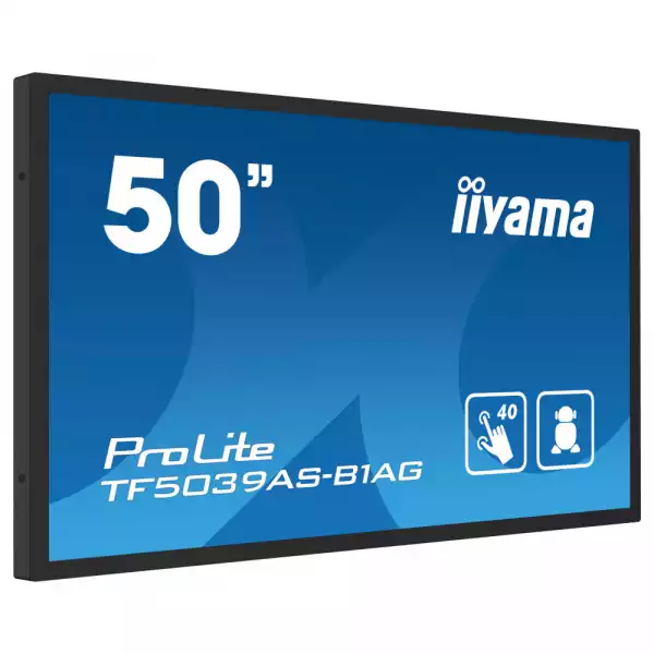 Дисплей IIYAMA TF5039AS-B1AG, 49.5" Open-Frame, VA panel, AG, UHD 3840x2160, 500cd/m2, 5000:1, 9.5ms, bonded PCAP, Android 11 OS, A73*4+A53*4, 4GB, 32GB, 24/7, 2x HDMI, DP, RS232, LAN, 2x USB, Speakers, IP65 front, Portrait, Face Up, VESA 400, Black