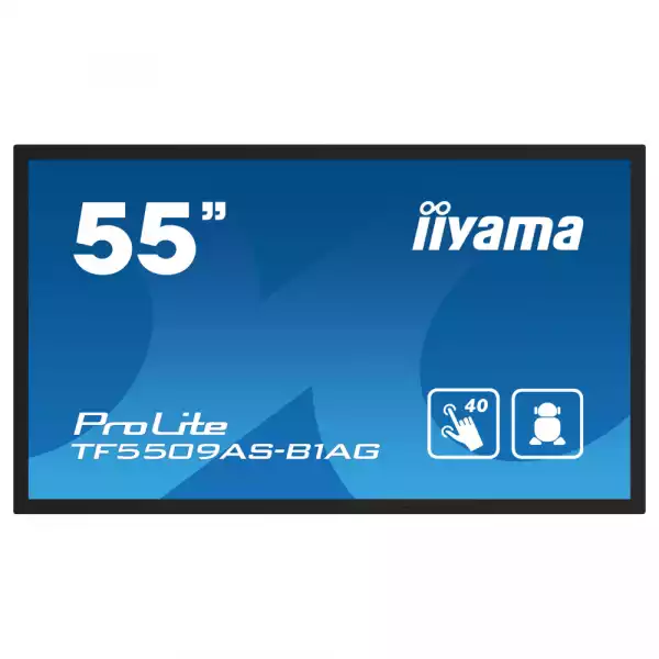 Дисплей IIYAMA TF5539AS-B1AG, 54.6" Open-Frame, IPS panel, AG, UHD 3840x2160, 500cd/m2, 1200:1, 8ms, bonded PCAP, Android 11 OS, A73*4+A53*4, 4GB, 32GB, 24/7, 2x HDMI, DP, RS232, LAN, 2x USB, Speakers, IP65 front, Portrait, Face Up, VESA 400, Black