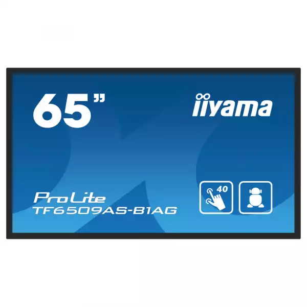 Дисплей IIYAMA TF6539AS-B1AG, 64.5" Open-Frame, IPS panel, AG, UHD 3840x2160, 500cd/m2, 1200:1, 8ms, bonded PCAP, Android 11 OS, A73*4+A53*4, 4GB, 32GB, 24/7, 2x HDMI, DP, RS232, LAN, 2x USB, Speakers, IP65 front, Portrait, Face Up, VESA 400, Black