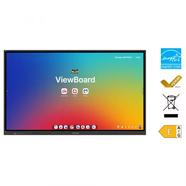 Дисплей ViewSonic IFP6534, 65" TFT DLED panel, AG, Ultra Fine Touch, 16:9, 4K UHD 3840x2160, 8ms, 450cd/m2, 5000:1, Quad- core, 8GB, 128GB storage, VGA, 3x HDMI, DP, RS232, 2x LAN, 2x USB-C, 5x USB-A, HDMI Out, SPDIF, micro SD, Speakers, Android 14 EDLA, OPS slot, VESA, Black