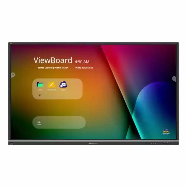 Дисплей ViewSonic IFP6550-5F, 65", IPS Panel, Ultra Fine touch technology, AG, 7H, 4K UHD 3840x2160, 400 cd/m2, 1200:1, 5000:1, ARM Cortex-A73*4 + A53*4, 8GB, 64GB, 3x HDMI, 6x USB, USB-C, RS232, LAN, HDMI Out, SPDIF, OPS, WiFi Slot, Android 11, Speakers, Top Camera Plate, Black