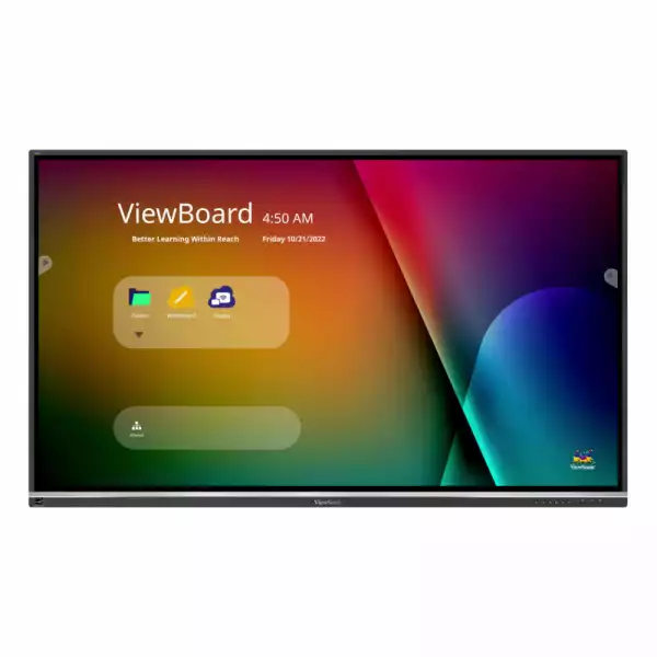 Дисплей ViewSonic IFP7550-5F, 75", IPS Panel, Ultra Fine touch technology, AG, 7H, 4K UHD 3840x2160, 400 cd/m2, 1200:1, 5000:1, ARM Cortex-A73*4 + A53*4, 8GB, 64GB, 3x HDMI, 6x USB, USB-C, RS232, LAN, SPDIF, HDMI Out, Android 11, OPS, WiFi Slot, Speakers, VESA, Top Camera Plate, Black