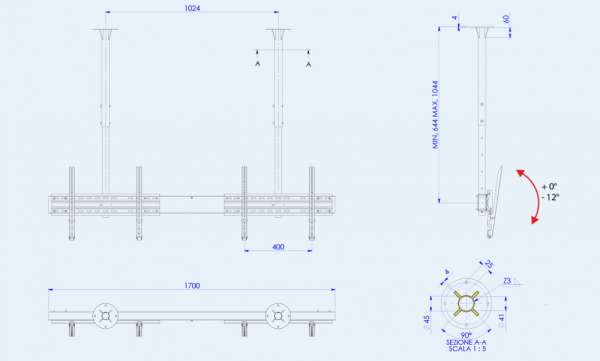 Двойна стойка за таван OMB DOUBLE LIFT, Max 60 inch, Max 50kg per display, Min Distance from Ceiling: 644 mm, Max Distance from Ceiling: 1044 mm, Two SLIM TILT 600 Included, 12° Tilt, Hidden Cables, Black, product code: 06059