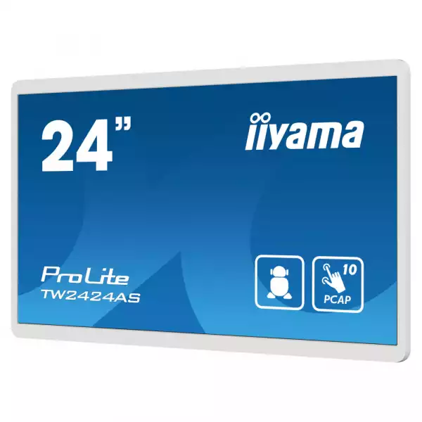 Компютър IIYAMA TW2424AS-W1, 23.8", Touch Panel PC, 10 points Projective capacitive, IPS Panel, AG, 16:9, 1920x1080, 250cd/m2, 1000:1, 14ms, Android 12 with GMS, Rockchip RK3399, 4GB, 32GB, WiFi, BT, 24/7, HDMI, USB-C, 3x USB, LAN, Speakers, Portrait, Face up, VESA 100, White
