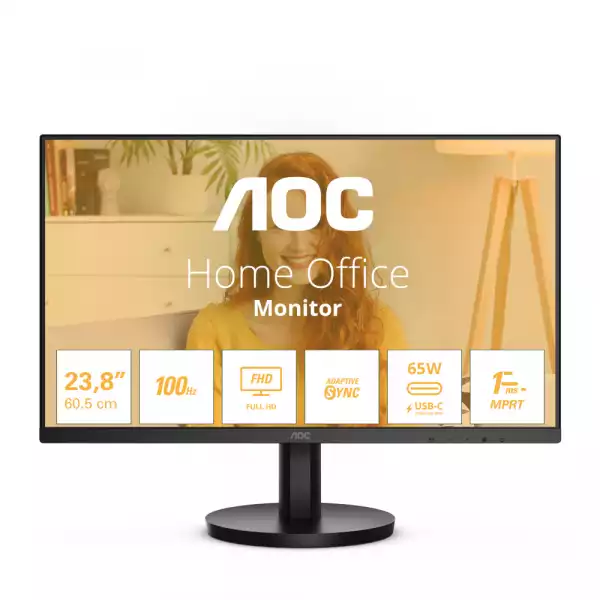 Монитор AOC 24B3CA2, 23.8" IPS WLED panel, Anti-Glare, FHD 1920x1080, 4ms, 100Hz, 250cd/m2, 1300:1, 20M:1, HDR, Flicker Free, Low Blue Light, Ultra Narrow, HDMI, USB-C, 2x USB, Mic In, PD 65W, Speakers, Tilt, VESA 100, Black Монитор AOC 24B3CA2, 23.8" IPS WLED panel, Anti-Glare, FHD 1920x1080, 4ms, 100Hz, 250cd/m2, 1300:1, 20M:1, HDR, Flicker Free, Low Blue Light, Ultra Narrow, HDMI, USB-C, 2x USB, Mic In, PD 65W, Speakers, Tilt, VESA 100, Black
