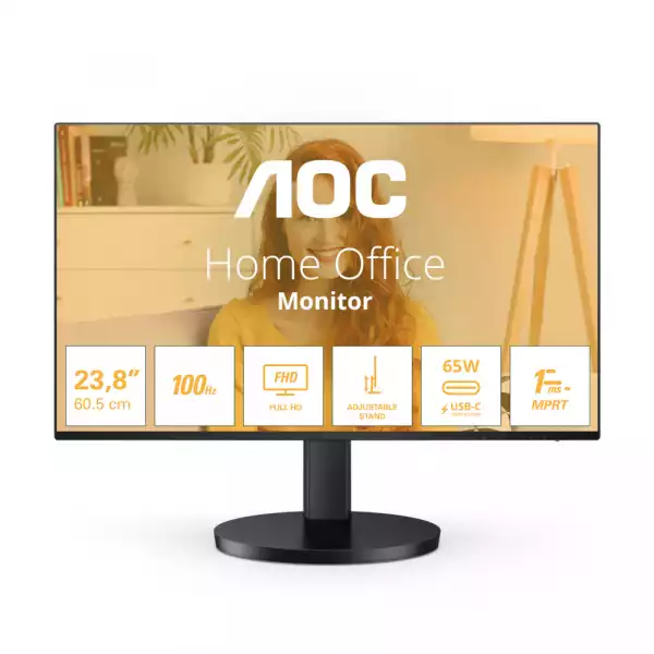 Монитор AOC 24B3CF2, 23.8" IPS WLED panel, Anti-Glare, 16:9, FHD 1920x1080, 4ms, 100Hz, 250cd/m2, 1300:1, 20M:1, HDR, Flicker Free, Low Blue Light, Ultra Narrow, sRGB, BT 709, HDMI, USB-C, 2x USB, Mic In, PD 65W, Speakers, Tilt, HAS, VESA 100, Black Монитор AOC 24B3CF2, 23.8" IPS WLED panel, Anti-Glare, 16:9, FHD 1920x1080, 4ms, 100Hz, 250cd/m2, 1300:1, 20M:1, HDR, Flicker Free, Low Blue Light, Ultra Narrow, sRGB, BT 709, HDMI, USB-C, 2x USB, Mic In, PD 65W, Speakers, Tilt, HAS, VESA 100, Black