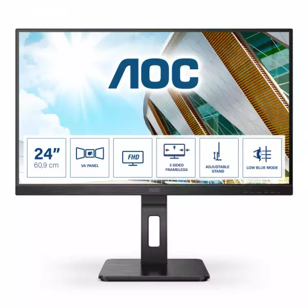 Монитор AOC 24P2QM 24 inch, WLED VA Panel, 3-sided frameless, Anti Glare, 16:9, 1920x1080, 300 cd/m2, 3000:1, 20M:1, 4ms, HDMI, VGA, DVI, DisplayPort, 4x USB, Flicker-free, Low blue light, Tilt, Swivel, HAS, Pivot, Speakers, VESA, Black Монитор AOC 24P2QM 24 inch, WLED VA Panel, 3-sided frameless, Anti Glare, 16:9, 1920x1080, 300 cd/m2, 3000:1, 20M:1, 4ms, HDMI, VGA, DVI, DisplayPort, 4x USB, Flicker-free, Low blue light, Tilt, Swivel, HAS, Pivot, Speakers, VESA, Black