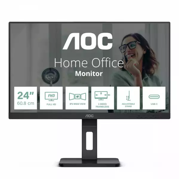 Монитор AOC 24P3CV, 23.8 inch WLED IPS Panel, 16:9, 1920x1080, 300 cd/m2, 1000:1, 50M:1, 75Hz, AntiGlare, 3H, 3-sided frameless, HDMI, DisplayPort, 4x USB 3.2, USB-C Docking, 65W PD, LAN, Speakers, Tilt, Swivel, Pivot, HAS, Flicker-free, Low blue light, VESA 100, Black