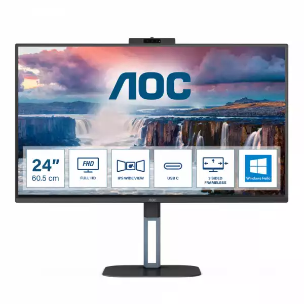 Монитор AOC 24V5CW/BK 23.8 inch IPS Panel, 1920x1080, 16:9, 4ms, 300cd/m2, 1000:1, 20M:1, Anti Glare, 3H, 3-sided frameless, FreeSync, Flicker-free, Low blue light, HDMI, 2MP Windows Hello webcam, DisplayPort, USB-C, Power Delivery 65W, 4x USB 3.2, Tilt, HAS, Swivel, Pivot, VESA 100, Black