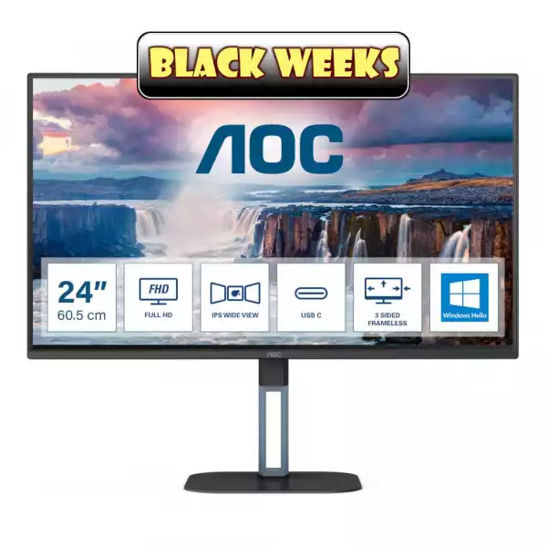 Монитор AOC 24V5CW/BK 23.8 inch IPS Panel, 1920x1080, 16:9, 4ms, 300cd/m2, 1000:1, 20M:1, Anti Glare, 3H, 3-sided frameless, FreeSync, Flicker-free, Low blue light, HDMI, 2MP Windows Hello webcam, DisplayPort, USB-C, Power Delivery 65W, 4x USB 3.2, Tilt, HAS, Swivel, Pivot, VESA 100, Black Монитор AOC 24V5CW/BK 23.8 inch IPS Panel, 1920x1080, 16:9, 4ms, 300cd/m2, 1000:1, 20M:1, Anti Glare, 3H, 3-sided frameless, FreeSync, Flicker-free, Low blue light, HDMI, 2MP Windows Hello webcam, DisplayPort, USB-C, Power Delivery 65W, 4x USB 3.2, Tilt, HAS, Swivel, Pivot, VESA 100, Black